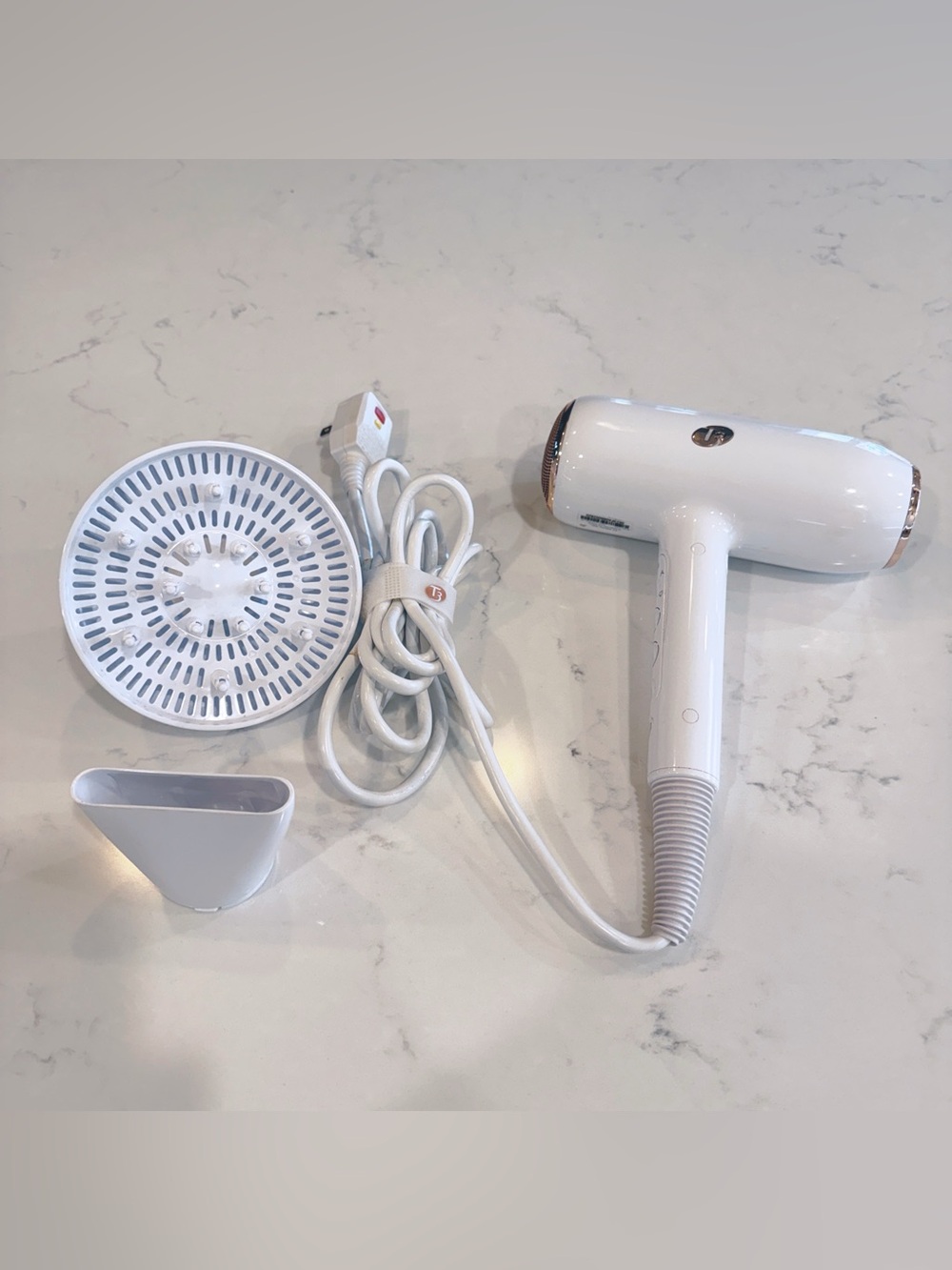 T3 Micro White/Rose Gold Featherweight Hair Dryer w/diffuser and concentrator.